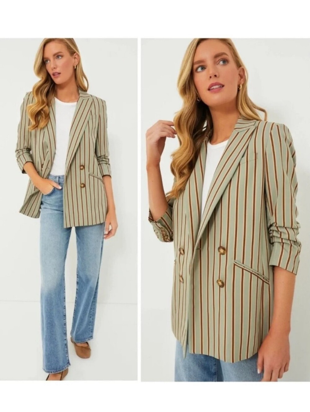 Veronica Beard Sage Green Striped Double-Breasted Blazer "Kiernan"